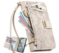 BaiFu Wallet Case for Moto G06/G06 Power, 6 Card Slots, Floral Pattern Cover, Hand Strap, Kickstand, Magnetic Closure Handbag, Zipper Pocket for Moto G06/G06 Power-Grey