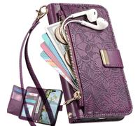 BaiFu Wallet Case for Moto G77/Moto G67, 6 Card Slots, Floral Pattern Cover, Hand Strap, Kickstand, Magnetic Closure Handbag, Zipper Pocket for Moto G77/Moto G67-Purple