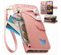 BaiFu Wallet Case for Nokia HMD Pulse Pro, Zipper Closure, Card Holder, Love Pattern Magnetic Cover, Wrist Strap, Kickstand, Leather Handbag Pocket for Nokia HMD Pulse Pro-Pink