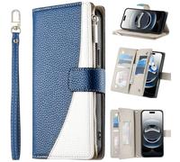BaiFu Wallet Case for Realme 14x 5G, 6 Card Holder Slots Zipper Pocket Handbag Cover PU Leather Magnetic Closure Kickstand with Wrist Strap-Blue-02