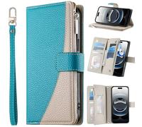 BaiFu Wallet Case for Realme 14x 5G, 6 Card Holder Slots Zipper Pocket Handbag Cover PU Leather Magnetic Closure Kickstand with Wrist Strap-Blue-01