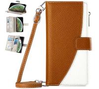BaiFu Wallet Case for Realme 14x 5G, Purse with Credit Card Holder Slots Crossbody Lanyard Strap Zipper Protective Phone Cover-Brown