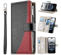 BaiFu Wallet Case for Realme C75/V60 pro/14X, 6 Card Holder Slots Zipper Pocket Handbag Cover PU Leather Magnetic Closure Kickstand with Wrist Strap-Black
