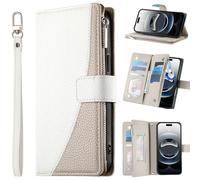 BaiFu Wallet Case for vivo S16E 5G, 6 Card Holder Slots Zipper Pocket Handbag Cover PU Leather Magnetic Closure Kickstand with Wrist Strap-White