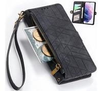 BaiFu Zipper Pocket Wallet Case for TCL K70 5G, Button design and Card Slot Cover, Geometric Grid Shell for TCL K70 5G-01