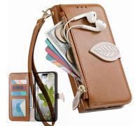 BaiFu Zipper Wallet Case for Nothing phone 3A, Hand Strap, Kickstand, Tree Leaves Patterns Flip Folio Book Covers for Nothing phone 3A-Brown