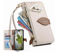 BaiFu Zipper Wallet Case for Nothing phone 3A, Hand Strap, Kickstand, Tree Leaves Patterns Flip Folio Book Covers for Nothing phone 3A-White