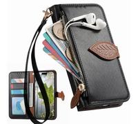 BaiFu Zipper Wallet Case for Nothing phone 3A, Hand Strap, Kickstand, Tree Leaves Patterns Flip Folio Book Covers for Nothing phone 3A-Black