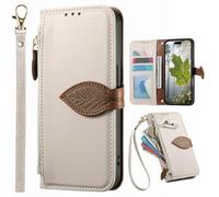 BaiFu Zipper Wallet Case for Nothing Phone 4A, Hand Strap, Kickstand, Tree Leaves Patterns Flip Folio Book Covers for Nothing Phone 4A-White