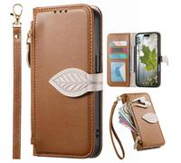 BaiFu Zipper Wallet Case for Nothing Phone 4A Pro, Hand Strap, Kickstand, Tree Leaves Patterns Flip Folio Book Covers for Nothing Phone 4A Pro-Brown