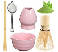 BAIFULAI Matcha Tea Set, 5-Piece Matcha Whisk Set Made of Ceramic, Japanese Tea Set, Matcha Bowl, Whisk Holder, Strainer, Japanese Accessories for Matcha Ceremony (Pink)