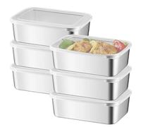 BAIFULAI Pack of 6 Food Storage Containers with Lid, 1100 ml Stainless Steel Storage Jars, Stackable Meal Prep Boxes, Storage Box for Cheese, Fruit, Salads, Sweets, Jams for Oven, Freezer