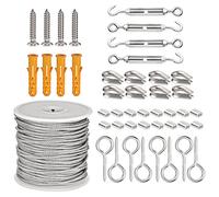 BAIFULAI Wire Rope Stainless Steel Set, 50 m 2 mm Steel Cable, 304 Stainless Steel Wire Rope Tension Wire, Steel Cable Coated with Eyelets, M5 Turnbuckle Rope Tension Set, for Curtain Rope, String
