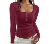 BAIGRAM Women Long Sleeve Lace Patchwork Pointelle Crop Tops Y2K Cute Button Up Henley Shirt Scoop Neck Slim Tshirt Fall 2025, Wine, S