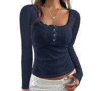 BAIGRAM Women Long Sleeve Lace Patchwork Pointelle Crop Tops Y2K Cute Button Up Henley Shirt Scoop Neck Slim Tshirt Fall 2025, Dark Blue, M