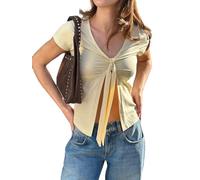 BAIGRAM Women Short Sleeve Tie Knot Bustier Crop Tee Tops with Scarf Y2K V Neck Slit Open Front Tshirt Summer Going Out, Yellow, S