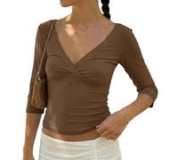 BAIGRAM Womens 3/4 Half Sleeve Deep V Wrap Neck Ruched Crop Tops Open Back Tshirt Y2k Vintage Minimalist Slim Fit Tee Summer, Brown, L