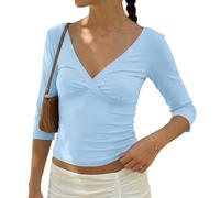 BAIGRAM Womens 3/4 Half Sleeve Deep V Wrap Neck Ruched Crop Tops Open Back Tshirt Y2k Vintage Minimalist Slim Fit Tee Summer, Blue, M
