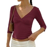 BAIGRAM Womens 3/4 Half Sleeve Deep V Wrap Neck Ruched Crop Tops Open Back Tshirt Y2k Vintage Minimalist Slim Fit Tee Summer, Wine, S
