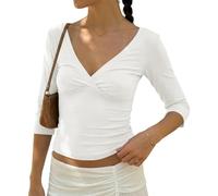 BAIGRAM Womens 3/4 Half Sleeve Deep V Wrap Neck Ruched Crop Tops Open Back Tshirt Y2k Vintage Minimalist Slim Fit Tee Summer, White, M