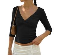 BAIGRAM Womens 3/4 Half Sleeve Deep V Wrap Neck Ruched Crop Tops Open Back Tshirt Y2k Vintage Minimalist Slim Fit Tee Summer, Black, L