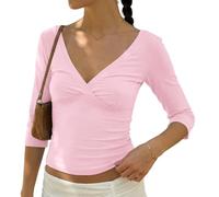 BAIGRAM Womens 3/4 Half Sleeve Deep V Wrap Neck Ruched Crop Tops Open Back Tshirt Y2k Vintage Minimalist Slim Fit Tee Summer, Pink, L