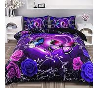 BAIL Roses Single Duvet Cover Set Purple Butterfly Duvet Cover Microfibre 3 Piece with Zipper Closure Soft Cosy Bedding Reversible Quilt Cover 135 x 200 cm and 2 Pillow Cases 50 X 75 cm