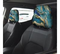BAIlann Azurite Teal and Foil Gold Oil Marble Pattern print Personalized Car Headrest Cover Set (2 Pcs) Soft Car Seat Headrest Protector