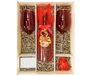 Baileys Original Irish Cream Liqueur 70 ift Set Hamper With 2 Matching Red Wine Glasses, Belgian Heart Chocolates and Gift Box - Liqueur Spirit Hamper for Christmas and Couples (Sparkling Tops)