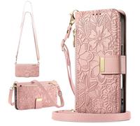 BAILI Flower Case for Realme Note 60/60X, Magnetic Cover with Crossbody Strap, Zipper Pocket Handbag for Realme Note 60/60X-Pink