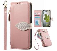BAILI for Fairphone 5 Phone Case with Credit Card Holder, Kickstand, Leaf Patterns Magnetic Zipper Purse Cover, Fairphone 5 Handbag-Pink
