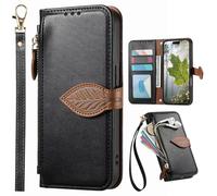 BAILI for Fairphone 5 Phone Case with Credit Card Holder, Kickstand, Leaf Patterns Magnetic Zipper Purse Cover, Fairphone 5 Handbag-Black