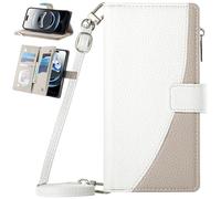 BAILI Phone Case Zipper Leather Wallet Cover for 1+12R/OnePlus 12R 5G with Wrist Strap Kickstand Card Holder Zip Pocket Cases for 1+12R/OnePlus 12R 5G-White