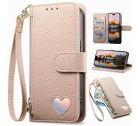 BAILI Zippered Wallet Case for Redmi 15a 5G, Zipper Pocket with Card Slots, Magnetic Closure, Stand, Wrist Strap, Love Pattern Cover for Redmi 15a 5G-Khaki