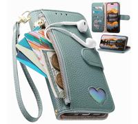BAILI Zippered Wallet Case for Xiaomi Poco C85 4G, Zipper Pocket with Card Slots, Magnetic Closure, Stand, Wrist Strap, Love Pattern Cover for Xiaomi Poco C85 4G-Green