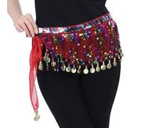 Bailinks Sequin Belly Dance Hip Scarf, Chiffon Wrap Skirt with Coins for Belly Dancing, Yoga Classes, and Performances - Dance Hip Scarf Belt for Women (Red)
