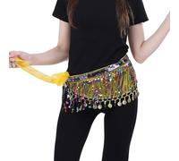 Bailinks Sequin Belly Dance Hip Scarf, Chiffon Wrap Skirt with Coins for Belly Dancing, Yoga Classes, and Performances - Dance Hip Scarf Belt for Women (Yellow)