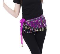 Bailinks Sequin Belly Dance Hip Scarf, Chiffon Wrap Skirt with Coins for Belly Dancing, Yoga Classes, and Performances - Dance Hip Scarf Belt for Women (Purple)