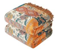 Bailix Boho Throw Blanket for Couch Sofa Bed, 100% Cotton Woven Quilt with Tassel 60”x80”, Super Soft Muslin Blanket with Floral Printed, Decorative Reversible Bed Blanket/Cover for All Seasons