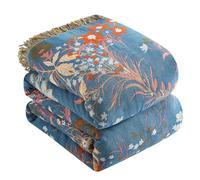 Bailix Premium Bohemian throw, 100% Cotton Cuddly Blanket with Fringes, Double-Sided Muslin, Boho Blanket, 230 x 250 cm, Cuddly Sofa Blanket and Bed Throw, Patchwork, Blanket for Room Blue/Beige