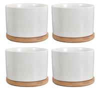 BAILIZHOU Ceramic Plant Pots 9CM Small Pot with Wooden Tray for Indoor Succulent Plants in White, Pack of 4