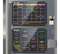 Bailkind Acrylic Magnetic Dry Erase Board for Fridge, 2-Pack Monthly & Weekly Calendar Planner Note Blackboard Set for Refrigerator/Wall/Glass/Kitchen, 6 Colors Markers (17"x12")