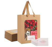 Bailtouk 10 Pcs Gift Bags with Windows, Kraft Bags with Handles, Personalised Birthday Gift Bags with 10 Cards Reasuable Present Bags Party Bags for Parties, Flower, Weddings (Brown, 20×16×30cm)