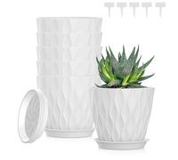 Bailtouk 5 Pack Plastic Plant Pots with 5 Plant Labels, 5Inch/12.6CM Flower Pots with Drainage Holes and Tray, Modern Indoor Plant Pots for Succulent, Cactus, Aloe Vera and Small House Plants (White)