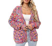 BAIMORE Women's Rainbow Knitted Cardigan Multicolor Striped Button Down Color Block Knit Sweater, Red, Small