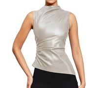 BAIMORE Women's Street Solid Mock Neck Sleeveless PU Leather Pleated Slim Fit Tank Top, Apricot, S