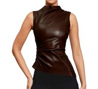 BAIMORE Women's Street Solid Mock Neck Sleeveless PU Leather Pleated Slim Fit Tank Top, Brown 2, M