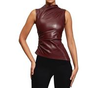 BAIMORE Women's Street Solid Mock Neck Sleeveless PU Leather Pleated Slim Fit Tank Top, Wine Red, L