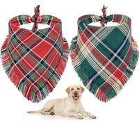 Baipesiy Christmas Dog Bandanas with Tassels - Two-Sided Plaid and Flannel Tartan Dog Scarves - Scotland Christmas Bib Accessories for Large Dogs (Red/Green Pack)