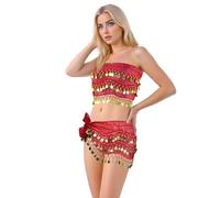Baisdan 2 Pcs Belly Dance Hip Scarf, Belly Dance Skirt and Top Set for Zumba Latin Latin Yoga Class, 2 Pcs Red